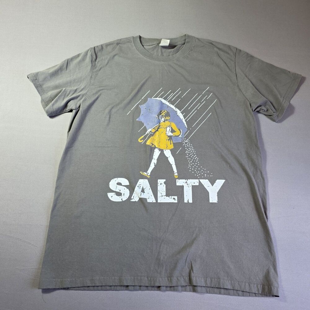 Graphic Tee Men's Size L Ring Spun 100% Cotton Says "SALTY" Gray Color